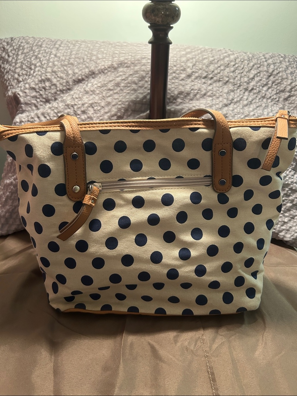 Rosetti Navy Polka Dot Canvas Tote with Tan Trim - Picture 2 of 8